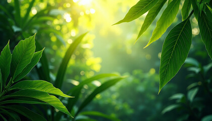 Obraz premium Green leaves in sunny forest