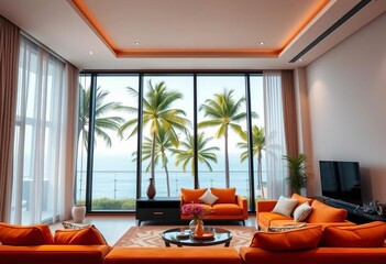 Modern apartment living room, orange sofas, palm trees view, recessed lighting, home decor, bright room