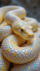 Fototapeta premium A mesmerizing pastel python, coiled elegantly, showcases its iridescent scales. The soft lighting enhances its delicate beauty, creating a captivating image.
