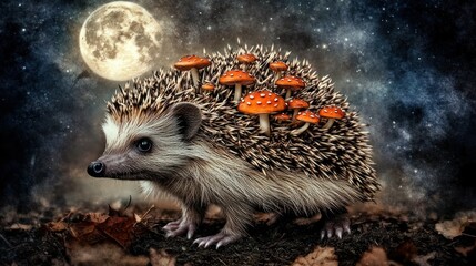 Nocturnal hedgehog adorned with mushrooms under a full moon
