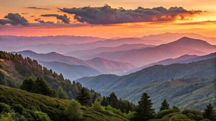 Obraz premium Majestic Sunset Over Layered Mountains,Vibrant Colors Paint The Sky,Tranquil Scene Of Nature At Golden Hour,Peaceful Atmosphere