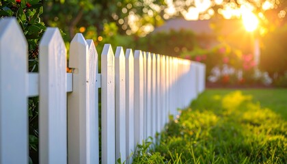 Fototapeta premium Golden Hour at the White Picket Fence: A Serene Suburban Sunset