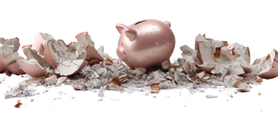 Broken piggy bank with shattered coins around.