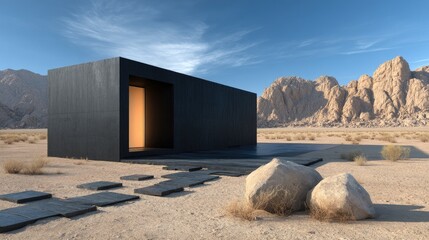 Modern black cabin in desert Minimalist architecture with remote getaway, and vacation.