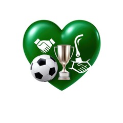 Soccer ball and trophy with green heart isolated on white background