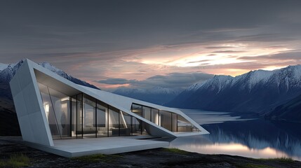 Obraz premium Modern mountain home glass architecture reflects the scenic alpine lake.