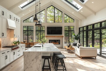 Modern farmhouse kitchen with white walls, black accents, large TV above fireplace, open concept to living room, high ceilings, skylights, marble countertop bar, and pendant lights