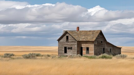 Obraz premium Abandoned Farmhouse, Rural Landscape, American West: Nostalgic Scene of a Decaying Wooden Building