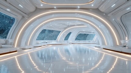 Fototapeta premium Futuristic Spaceship Lounge Stellar View with White Interior.