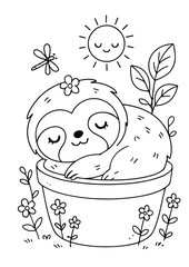 Fototapeta premium Sloth sleeping in a plant pot – Cute Kawaii Cartoon Style Coloring Page for Kids – Black and White Vector Line Art – AI-generated
