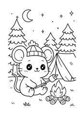 Fototapeta premium Mouse camping in the forest – Cute Kawaii Cartoon Style Coloring Page for Kids – Black and White Vector Line Art – AI-generated