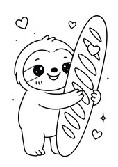 Fototapeta premium Sloth holding a baguette – Cute Kawaii Cartoon Style Coloring Page for Kids – Black and White Vector Line Art – AI-generated