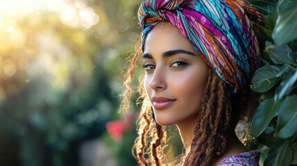 Fototapeta premium A woman with long, curly hair wearing a colorful headscarf, standing in a lush, green garden with sunlight filtering through the leaves.