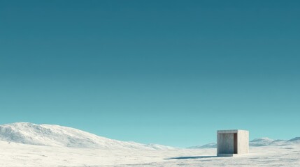 Minimalist Shelter Concrete Cube in Snowy Landscape with Blue Sky.