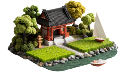 Miniature ama showcases a Japanese temple near water with boats and lush green trees in fine detail.