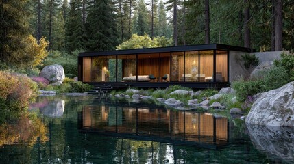 Obraz premium Lakeside Modern Forest Home Reflects Serenity.