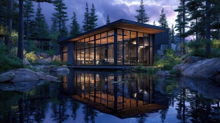 Obraz premium Lakeside Cabin Retreat Glass Walls Reflect Serene Twilight.