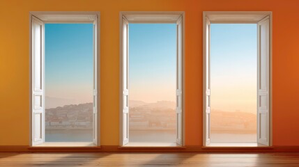 Fototapeta premium Open Windows with City View. Opportunity, Future Concept. Interior Design, Home Decor.