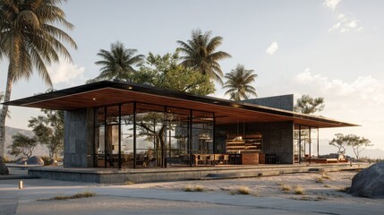 Modern beach house escape Palm trees with sleek design, and tranquil lifestyle.