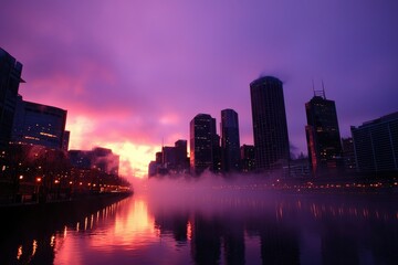 City skyline at dawn through a foggy river
