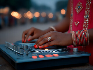 Fototapeta premium a creative shot of a dj in traditional punjabi clothing mixing traditional beats with electronic sou