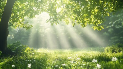Obraz premium Sunlit Meadow, Rays of Light Through the Trees in a Verdant Landscape