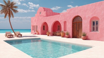 Pink Villa by Pool Tropical Paradise Getaway on Sandy Beach with Blue Ocean.