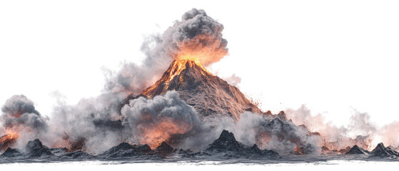 Erupting volcano with smoke and lava flow.