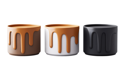 Three colorful ceramic pots with dripping glaze stand against a pristine white backdrop in simple harmony.