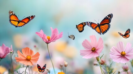 Butterflies dancing among vibrant flowers in a serene garden scene.