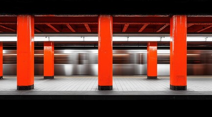 Subway platform with moving train, red pillars