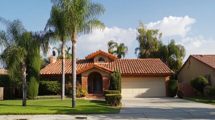A two-story brick house with a red roof and white trim, surrounded by palm trees and a well-maintained lawn, with a driveway and garage in the foreground.