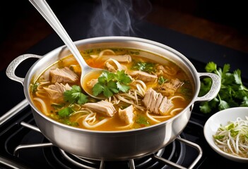 A pot of meat noodle soup was placed on the stove