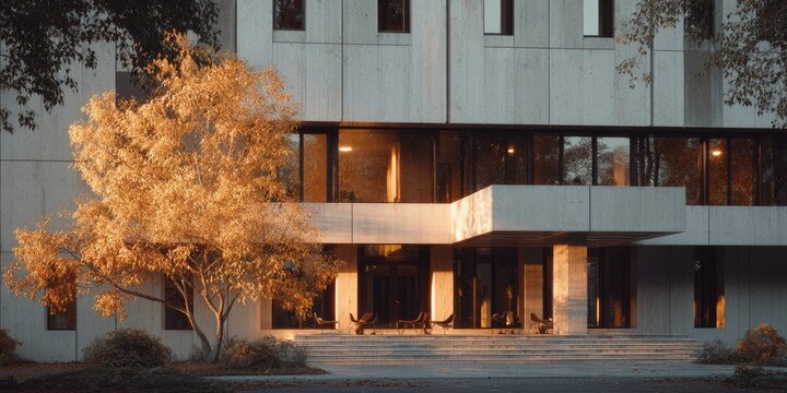 Autumn Glow Modern Building and Golden Tree at Sunset.