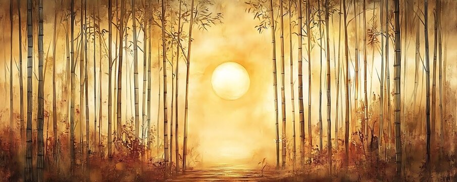 Golden sunset bamboo forest path