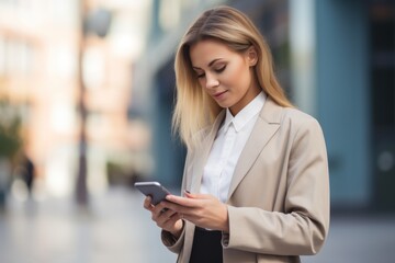 Fototapeta premium A woman in a beige blazer and black pants stands in front of a blurred cityscape, holding a smartphone in her right hand.