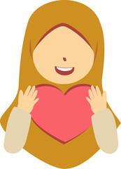 Happy Muslim Girl Holding Heart, Flat Illustration
