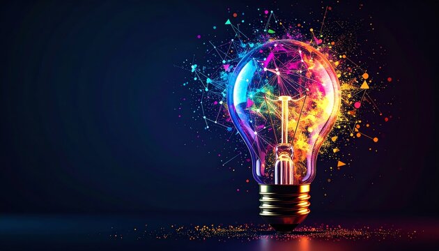 A vibrant light bulb emits colorful sparks and geometric shapes, symbolizing creativity and innovation against a dark backdrop