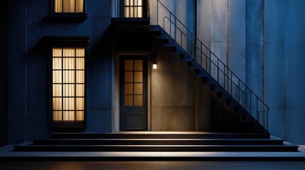 Obraz premium Urban Evening Steps Lead to Mystery Doorway in Dim City Light.