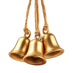 Three golden bells on rope strings isolated on transparent background.png white background