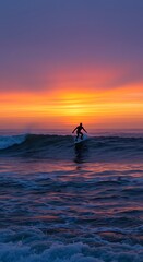 Naklejka premium Sunset Surfer's Silhouette AI Generated