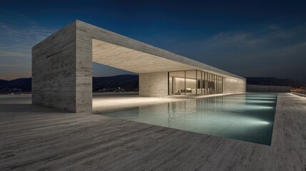 Modern Minimalist Villa Poolside Serenity at Twilight.