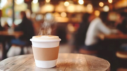 Cafe interior showing a white coffee cup sitting on a wooden table