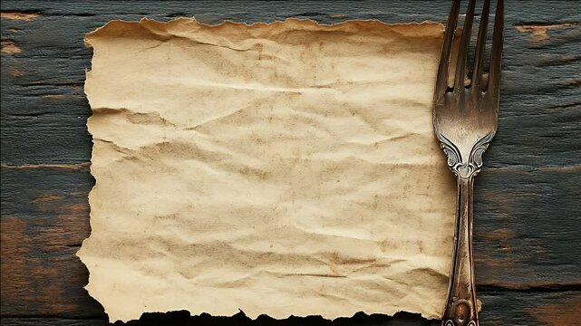 Aged paper, vintage fork on rustic wood