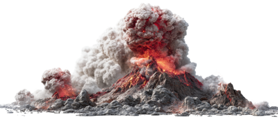 Erupting volcano with smoke and lava flowing.