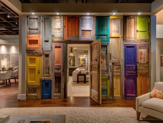 Interior design featuring a wall of colorful reclaimed doors in a modern home showcasing artistic reuse