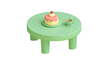 Delightful Cake and Coffee on a Mint Green Table Still Life Illustration on white and transparent background. PNG