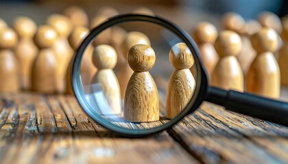 A close-up view of wooden figurines magnified through a glass lens, highlighting a few among many, set on a rustic wooden surface