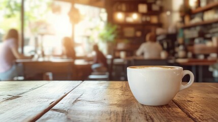 Cafe interior showing a white coffee cup sitting on a wooden table