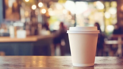 Cafe interior showing a white coffee cup sitting on a wooden table
